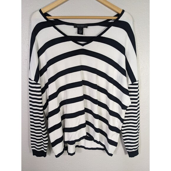 Karen Kane L Black White Nautical Striped Pullover Sweater Super Soft Vneck N56 - Picture 1 of 9